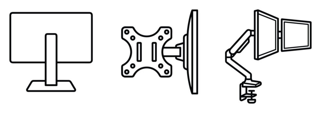 Monitor mount icons showing desk stand along with vesa wall bracket and ergonomic dual monitor arm.