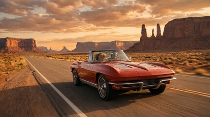 Classic Red Convertible Cruising Desert Highway at Sunset