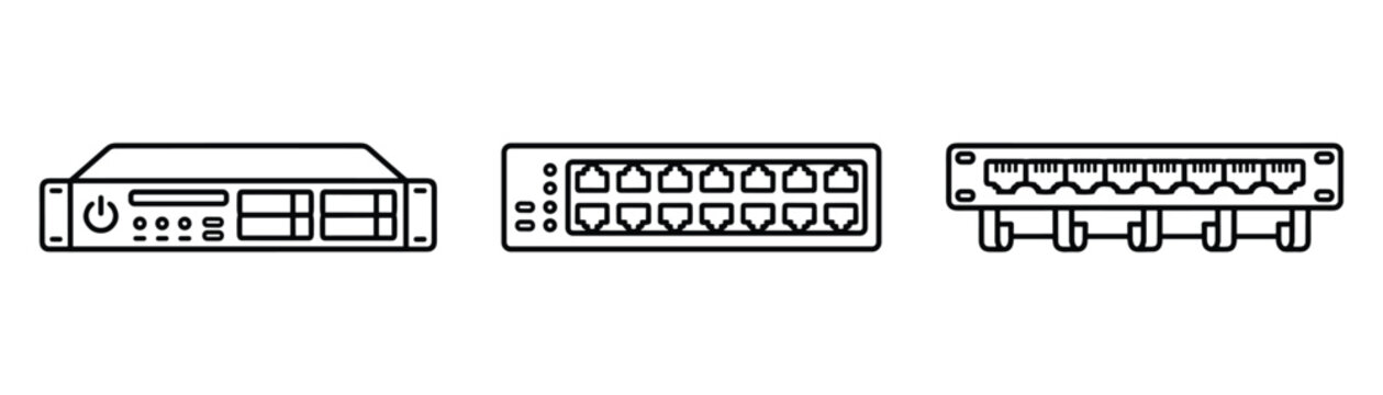 Server network equipment rack thin line vector icon electronic data center connection system technology.