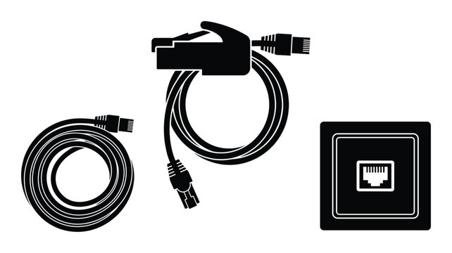 Set of patch cord and rj45 connector icons vector illustration in flat style isolated.