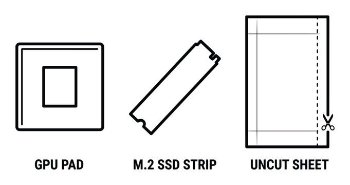 Thermal pad and m.2 ssd strip icons including uncut sheet for cooling electronics and pc components.