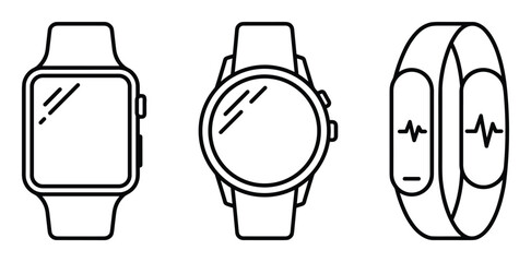 Various wearable technologies icons smartwatch and wristband fitness tracker outline vector illustration. © GoDesigner