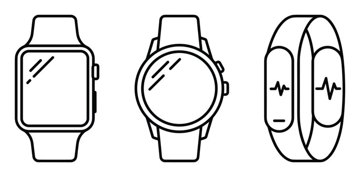 Various wearable technologies icons smartwatch and wristband fitness tracker outline vector illustration.