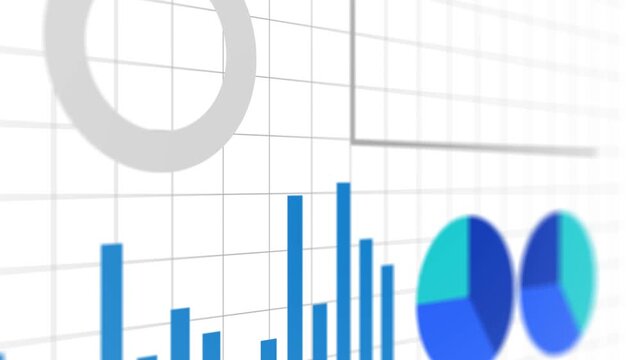 Animated business financial dashboard with blue pie charts, bar graphs, and line charts showing growth and data analysis on a white grid background