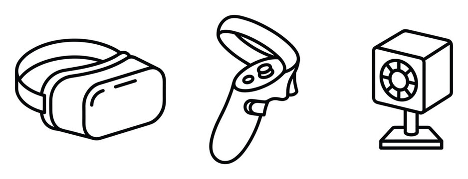 Virtual reality set thin line vector icon vr headset controller sensor augmented reality entertainment.