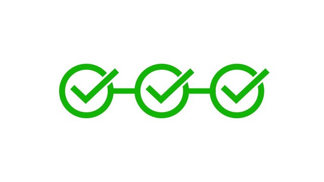 Animated green checkmark icons appearing in a sequence of three circles connected by lines representing progress completion and successful process steps