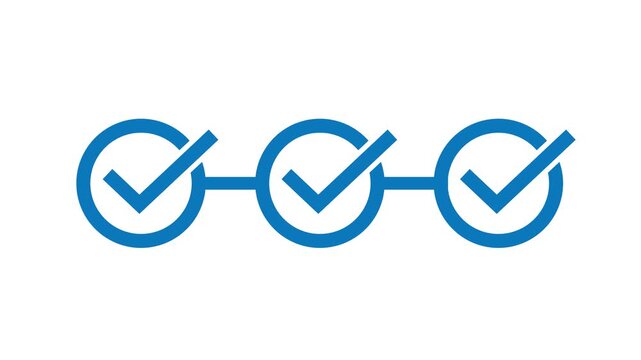 Animated blue checkmark icons appearing in a sequence of three circles connected by lines representing progress completion and successful process steps