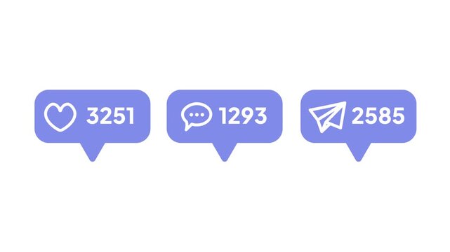 Animated social media notification icons with rising counters for likes, comments, and shares on a clean white background for digital marketing clips