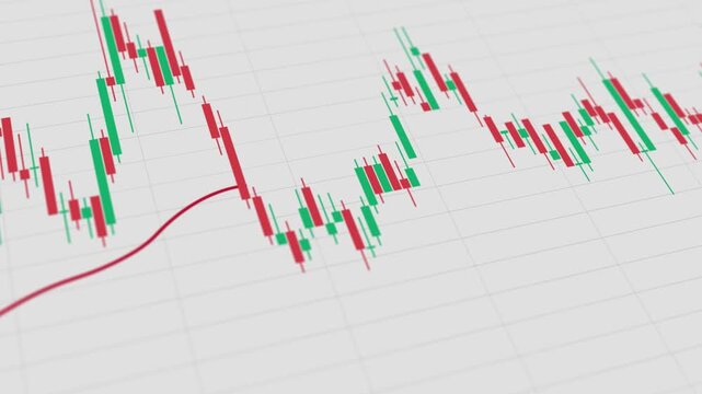 Animated financial stock market trading chart with green and red candlestick patterns and moving average line on a white digital grid background