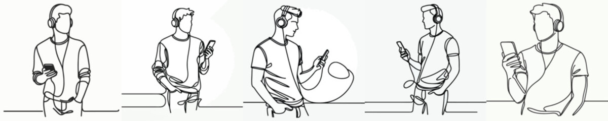 Obraz premium line art half body of a man standing listening to music on his cell phone
