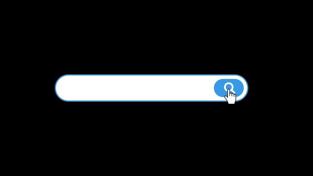 Animated search bar with a blue magnifying glass icon on a black background and a mouse cursor clicking the search button for web navigation concepts