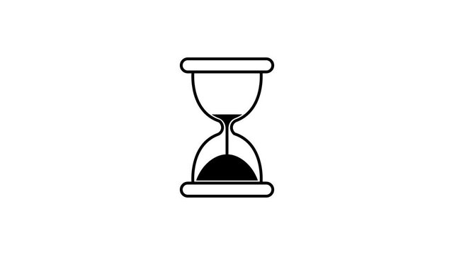 Animated black and white hourglass icon with falling sand representing time management deadline and waiting process on a clean white background