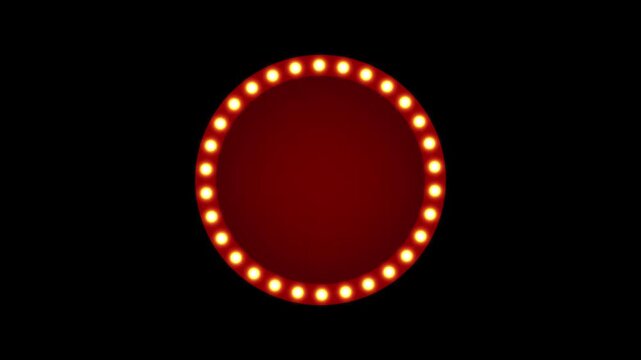Animated red circular marquee sign with glowing golden light bulbs on a black background for cinema circus or theater promotion and retro advertising