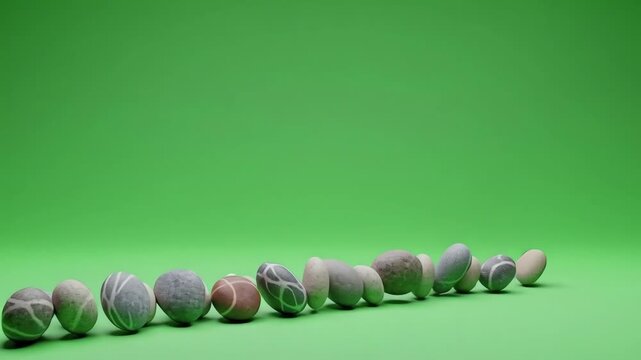 Dynamic 3D animation of stones flying and spinning in midair on a green screen background. Even virtual lighting and smooth orbit camera movement allow easy chroma keying