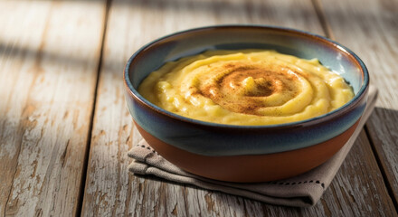 Brazilian sweet corn pudding, rustic ceramic bowl, copy space