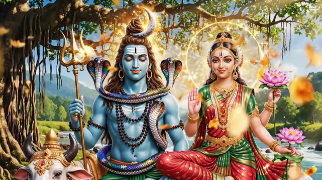 Shiva and Parvati seated beneath sacred banyan tree beside river video motion animated footage and animation showing peaceful scene for Maha Shivaratri celebration