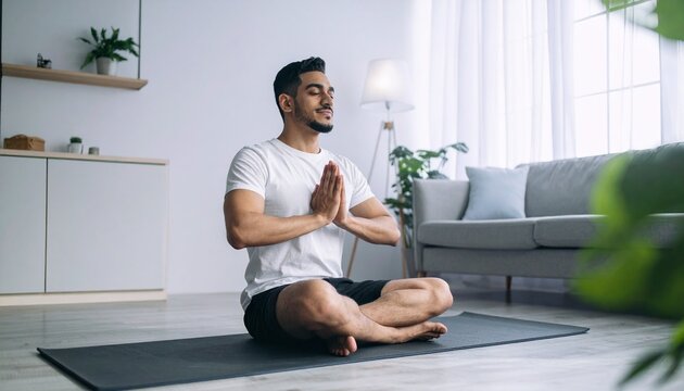 A serene and calming scene of a man practicing mindfulness and yoga at home, sitting peacefully on a yoga mat in a comfortable indoor space.