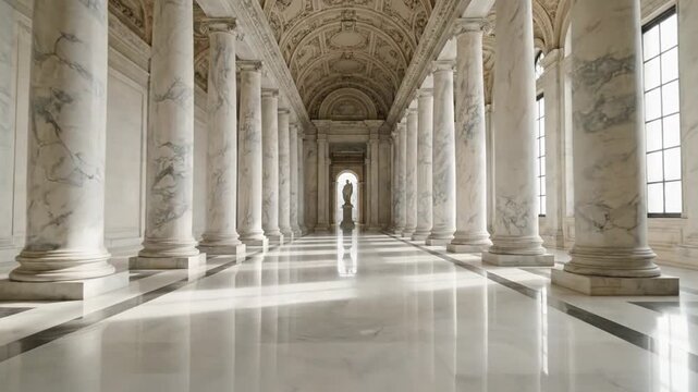 Elegant Marble Hallway with Columns and Reflections.