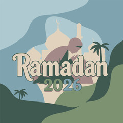 Flat illustration of Ramadan celebration in a serene desert landscape viewpoint