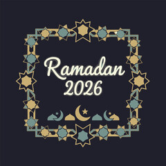Ramadan 2026 illustration featuring crescent moon, stars, and mosque in a flat design