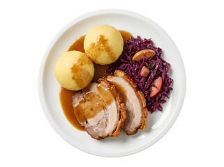 Schweinebraten mit Kn&ouml;deln und Rotkraut auf wei&szlig;em Hintergrund
