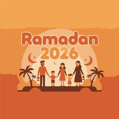 Family Celebrating Ramadan Together Under Crescent Moon Illustration