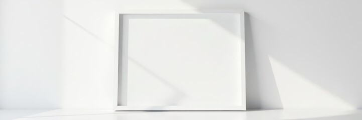 Sleek white picture frame leaning subtly on textured white wall , white plaster, mockup, white frame