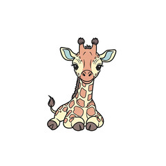 Cute Cartoon Giraffe Sitting on Transparent Background Simple Illustration