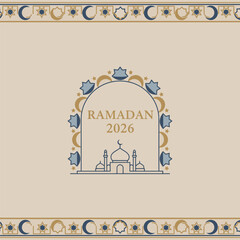 Ramadan 2026 celebration illustration with mosque and crescent moon symbols