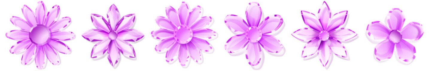 Set of crystal flowers with soft shadows on white background, in shades of purple, with facets and reflections.