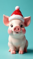 Small rosy-cheeked ceramic pig wearing Santa hat, pastel blue background , christmas decor, celebration, blue background