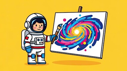 Astronaut Artist Painting a Colorful Spiral Galaxy on Canvas Yellow Background