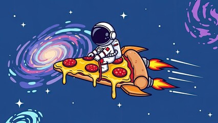 Astronaut Riding a Pizza Rocket Through a Pixelated Galaxy