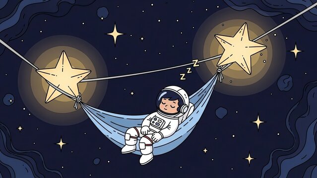 Astronaut resting in hammock strung between two glowing stars in a dark night sky with