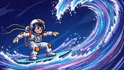 Astronaut Surfing Cosmic Wave During Space Exploration Adventure