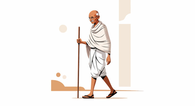 Illustration of Mahatma Gandhi walking with a stick, symbolizing his journey and leadership in India's independence movement.