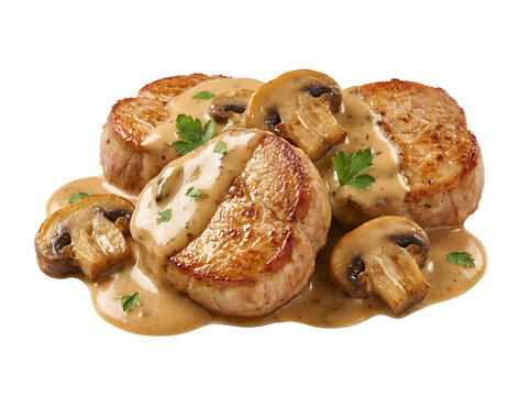 Schweinefilet-Medaillons mit Champignonrahmsauce auf wei&szlig;em Hintergrund