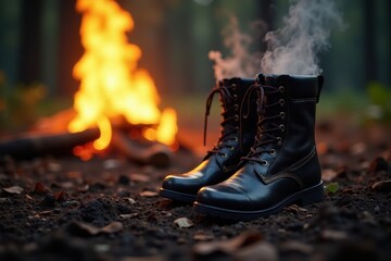 Soaked boots steaming near crackling campfire flames , orange, element