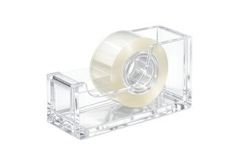 Clear plastic tape dispenser with adhesive tape on transparent background