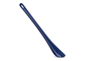 Long blue plastic shoehorn assisting footwear on transparent background