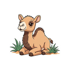 Cute Baby Camel Resting in Sandy Oasis Surrounded by Green Grass