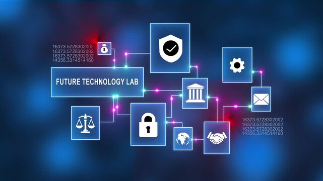 Futuristic technology lab with digital icons and glowing network connections in blue neon cyber space