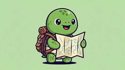 Cute cartoon turtle character wearing a backpack holding a treasure map