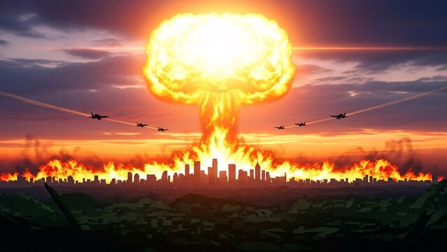 Mushroom cloud explosion over cityscape with aircraft flying amidst fiery destruction and chaotic landscape