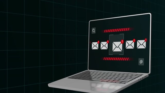 Perspective view of a laptop screen showing multiple red warning icons and alert email notifications.
