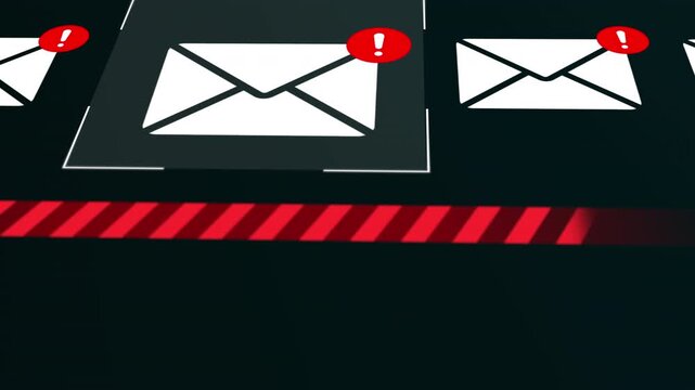 Digital interface displaying a series of email icons with red warning alerts and a dark industrial background tape.