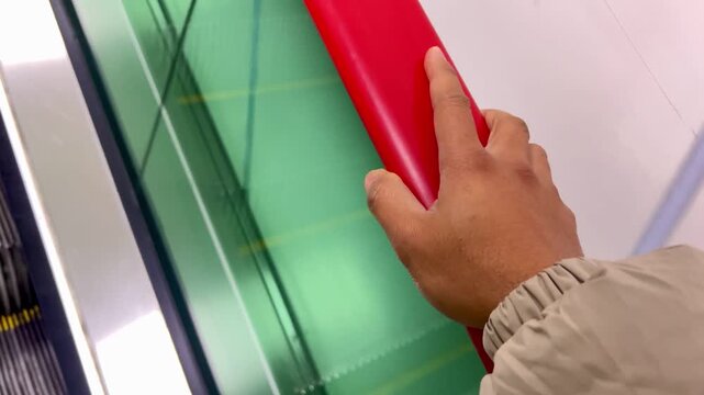 Close-up of a hand holding a red escalator handrail inside a subway station in South Korea. Concept of public transportation, daily commuting, urban lifestyle, travel, and modern city infrastructure.