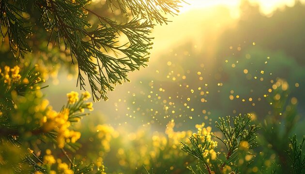 春の空に舞う花粉の粒子とアレルギーの概念イメージ