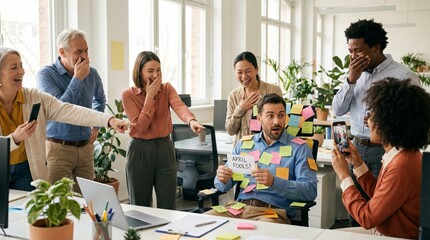 Diverse Team Laughing During Fun Office Game with Sticky Notes
