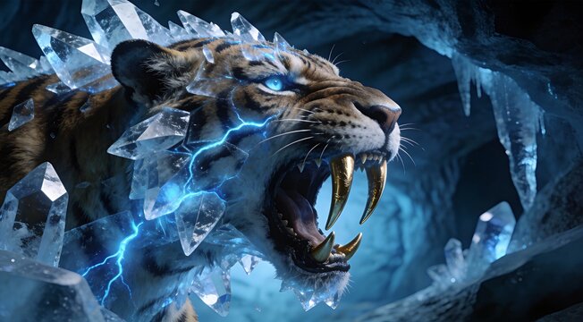 Abstract big cat saber-tooth tiger with elongated fangs in crystal shards, prehistoric profile compo